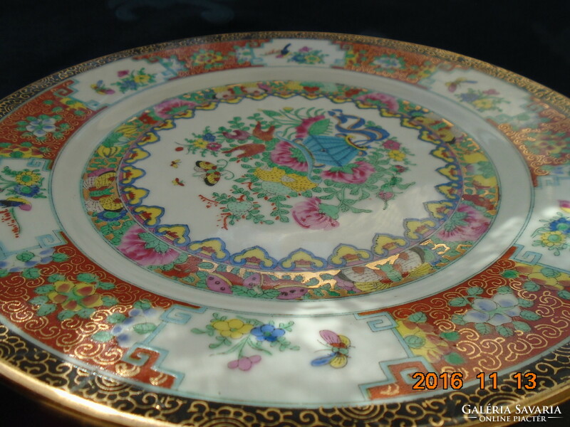 20 Sz canton hand-painted, hand-marked rose bird plate with gold Chinese iconography