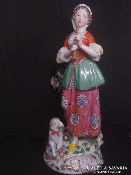 Hand-painted porcelain figurine marked Alt wien - woman with lamb