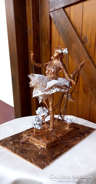 Miss Virág handmade textile sculpture made of recycled materials, bronze-white color