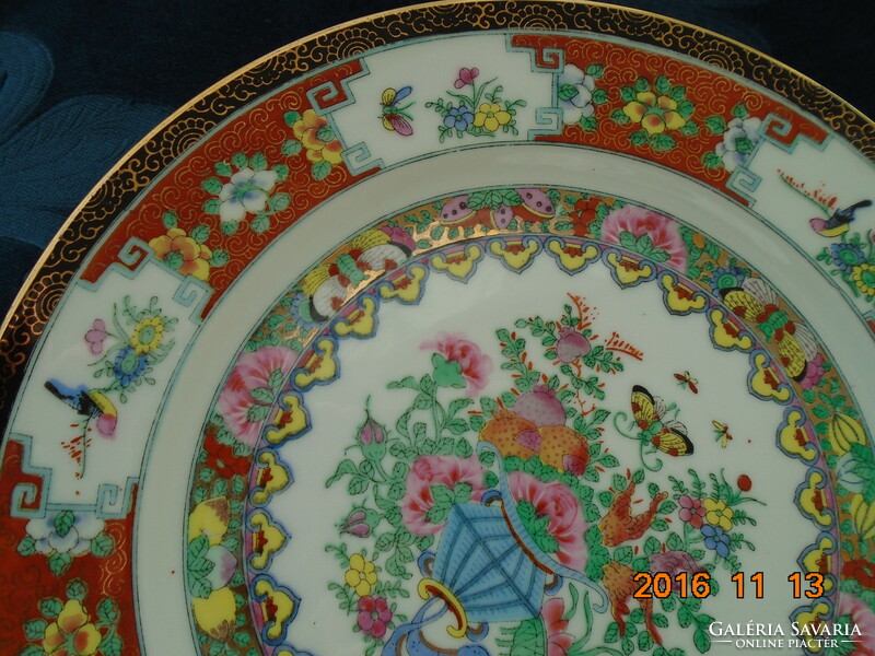 20 Sz canton hand-painted, hand-marked rose bird plate with gold Chinese iconography