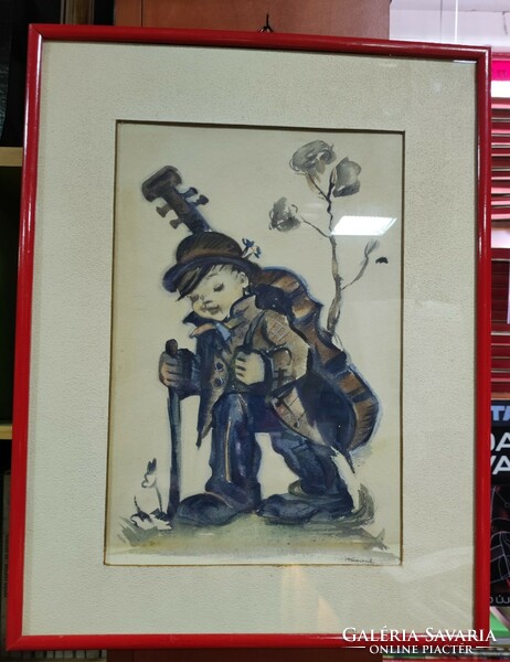 The little cellist hummel watercolor...In a glazed wooden frame. 43 X 33 cm..