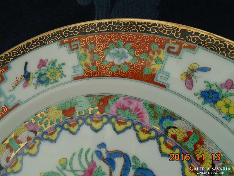 20 Sz canton hand-painted, hand-marked rose bird plate with gold Chinese iconography