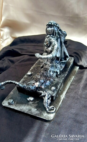The little mermaid handmade textile sculpture made of recycled materials, black and silver