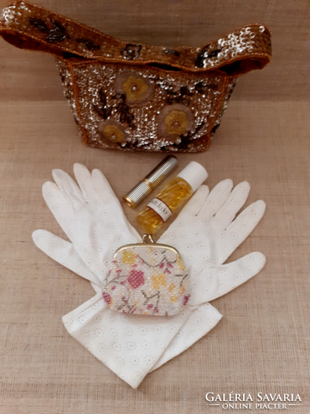 Old beautiful sequined beaded Sinház casual bag with perfume sprayer perfume wallet and gloves