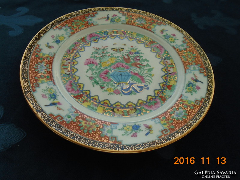 20 Sz canton hand-painted, hand-marked rose bird plate with gold Chinese iconography