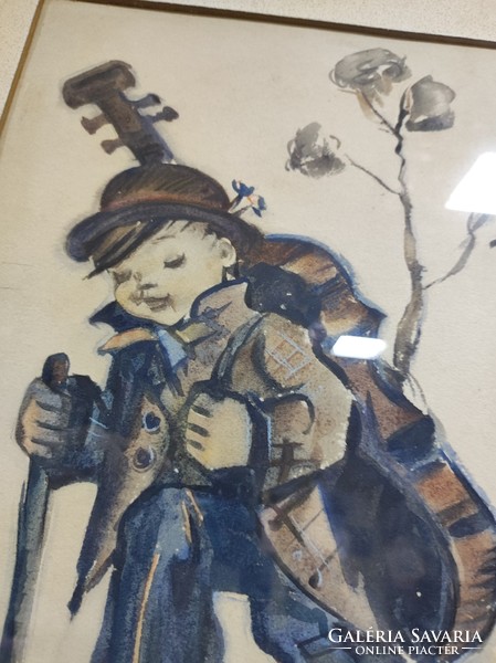 A kis csellista Hummel akvarell...Üvegezett fa keretben.  43 x 33 cm..