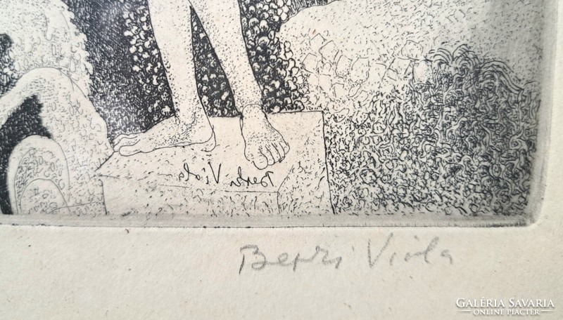 Berki Viola: Tivoli (aláírt, számozott rézkarc) tájkép várral, aktszoborral - Olaszország