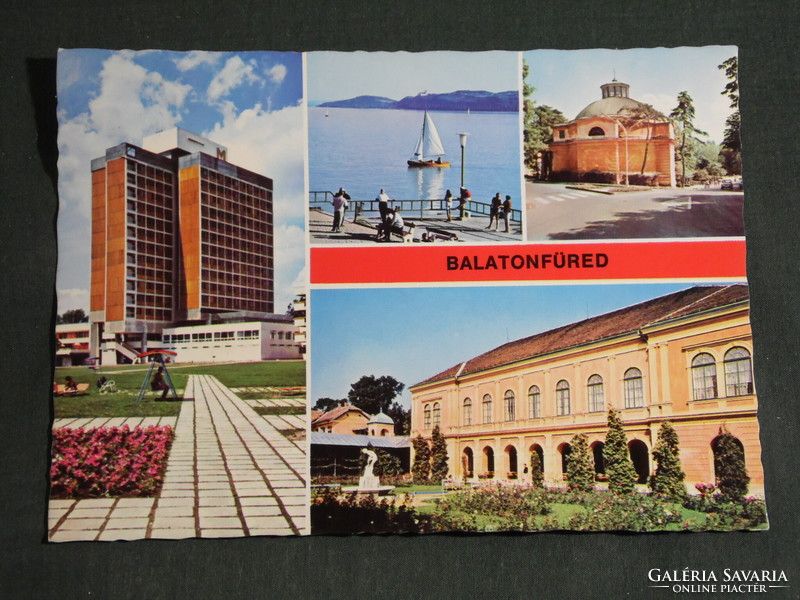 Postcard, Balaton Spa, mosaic details, round church, marina hotel, view, sanatorium