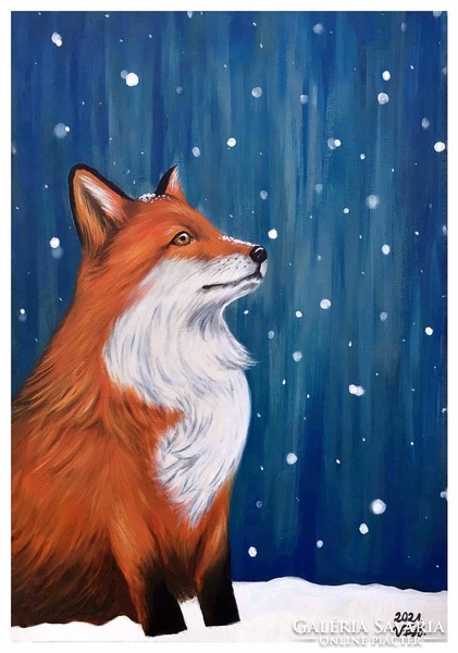Fox in the falling snow acrylic painting