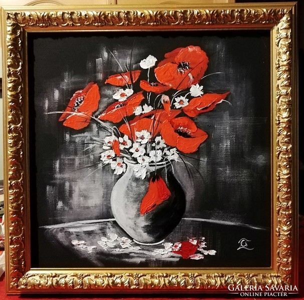 Cinnabar - red and white (25.5 X 26, oil, in a beautiful wooden frame)