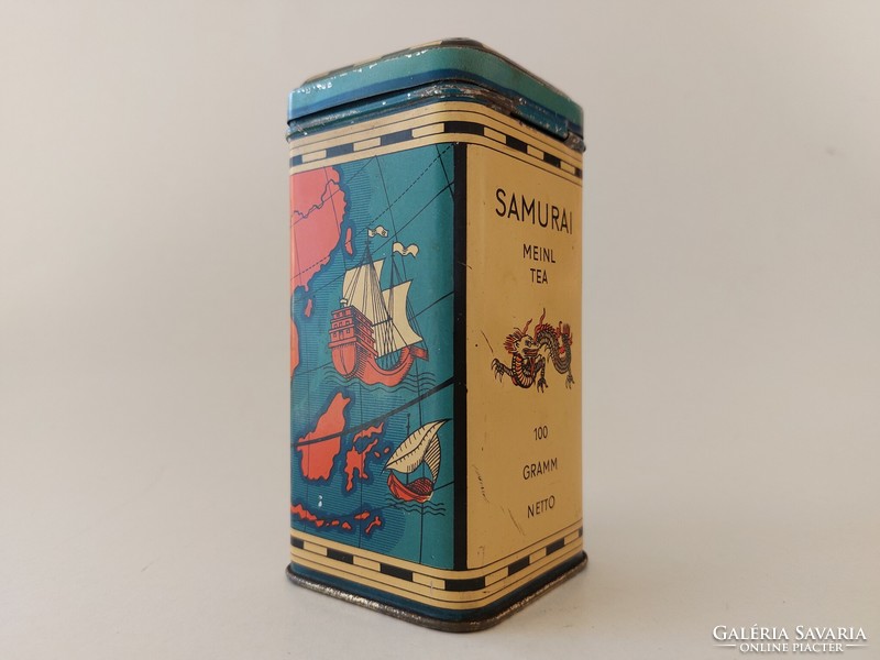 Régi fémdoboz Meinl Tea SAMURAI japán teás doboz hajó mintás