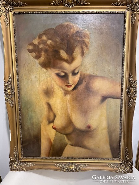 Oil painting depicting a young female half-nude