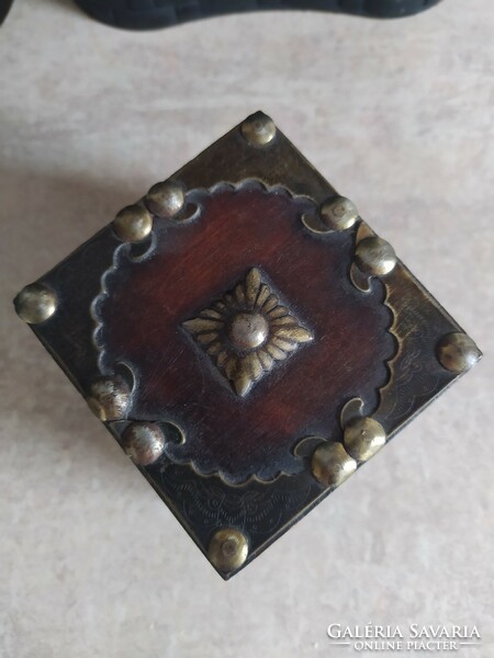 Small wooden cube box with copper overlay