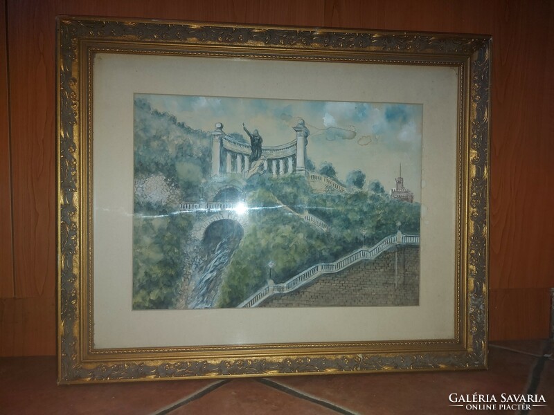 Gellért mountain, watercolor painting, in a beautiful, worn frame