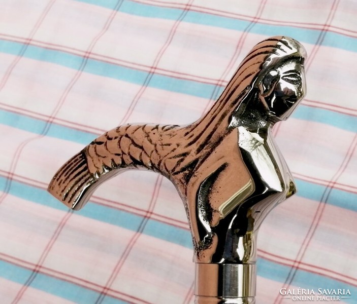 Retro walking stick with a silver-plated mermaid-shaped handle and a rubber grip