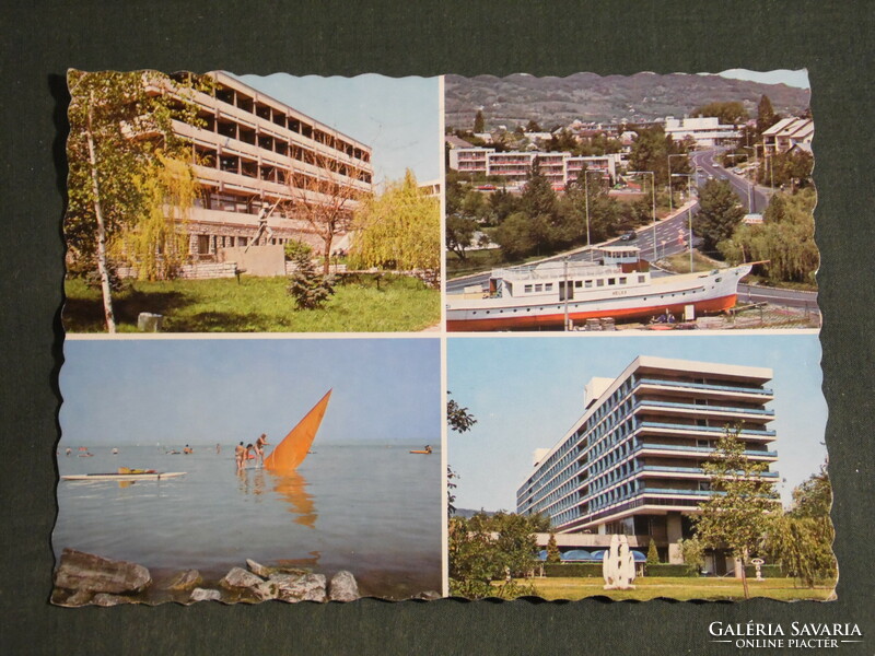 Postcard, Balatonfüred, mosaic details, Pákás statue, Helka cruise ship, hotel, beach