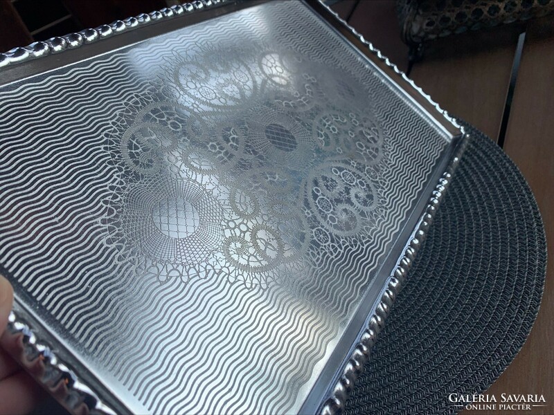 Retro aluminum tray with lace tablecloth pattern, anodized aluminum, 37 x 22 cm.