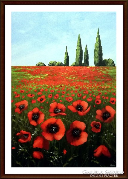 Poppy field - contemporary painting (38 x 55, acrylic, painted around)