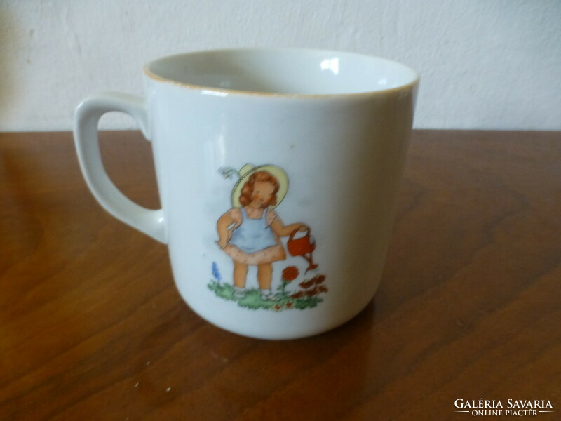 Zsolnay antique story mug. A little girl with a teddy bear in a pram and a little girl with a watering can