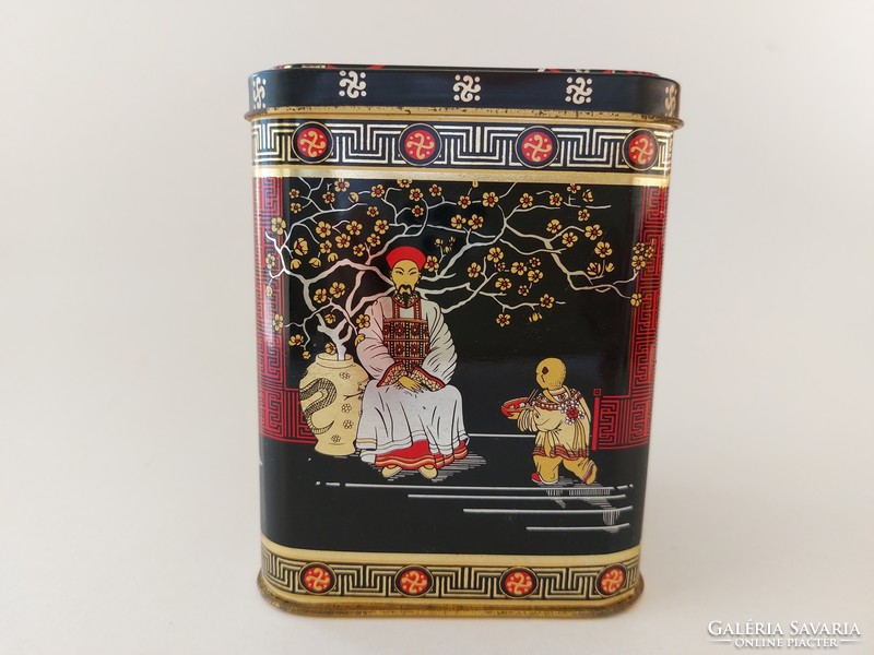 Old metal box tea box with oriental pattern, Japanese