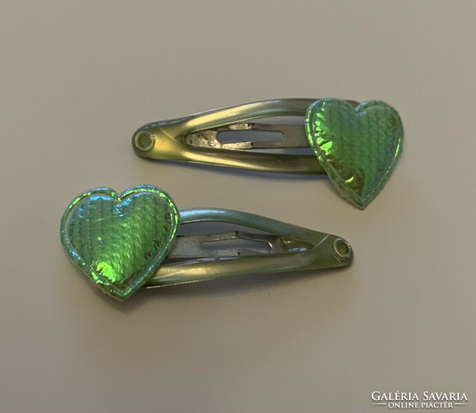 Sweet iridescent green gold heart heart 2 hairpins pair of hairpins