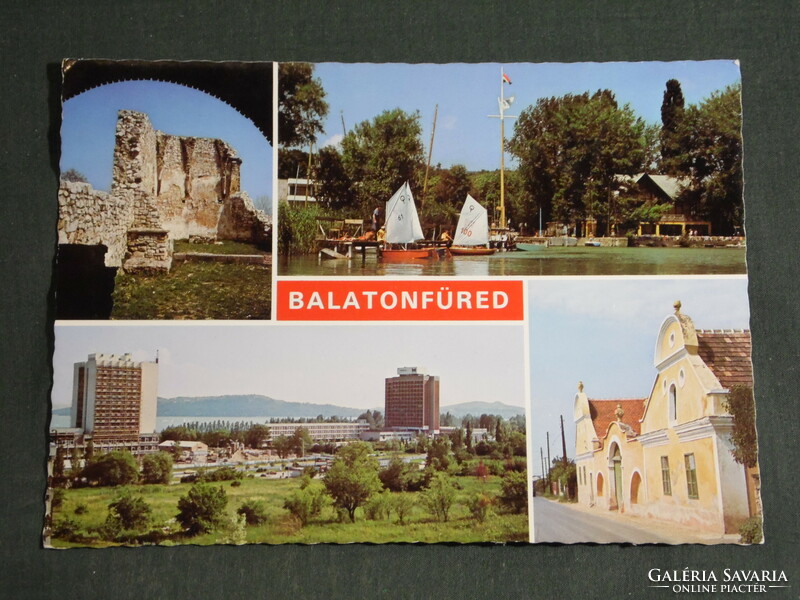 Postcard, Balatonfüred, mosaic details, view, ruined church, beach, sailing, hostel, hotel