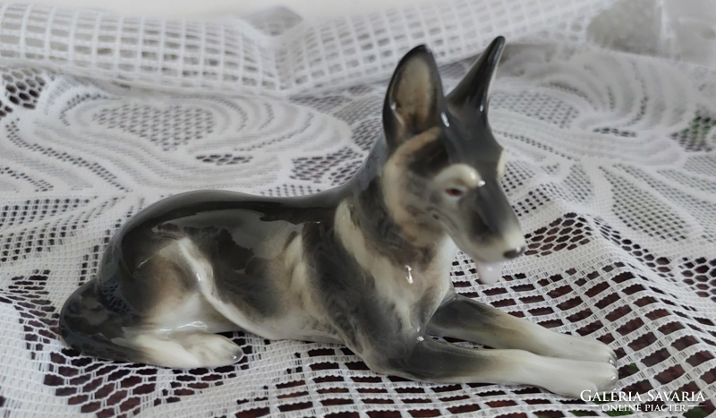 Marked antique metzler & ortloff porcelain Alaskan or Siberian husky, shepherd dog figure, 12cm