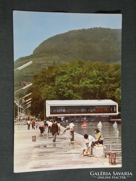 Postcard, detail of the Badacsony coast, pier, harbor, cruise ship, Tatika restaurant