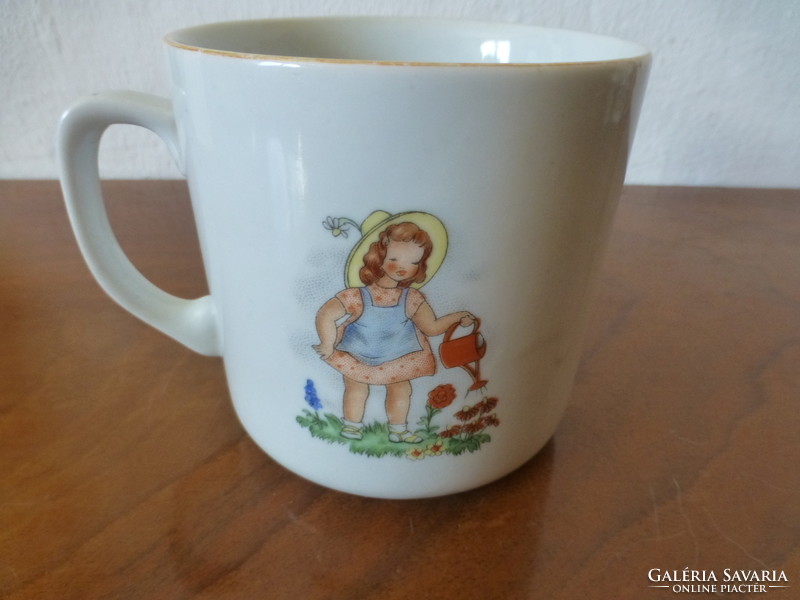 Zsolnay antique story mug. A little girl with a teddy bear in a pram and a little girl with a watering can