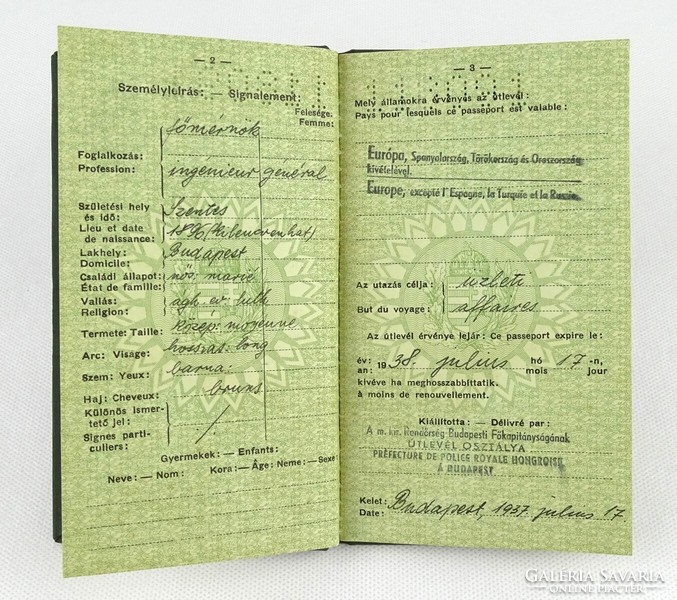 1Q389 Hungarian royal stamped passport 1937 business passport
