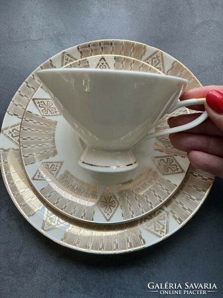 Csodás gyűjtői, art deco aranyozott Winterling Röslau Bavaria reggeliző teás csésze szett, trió