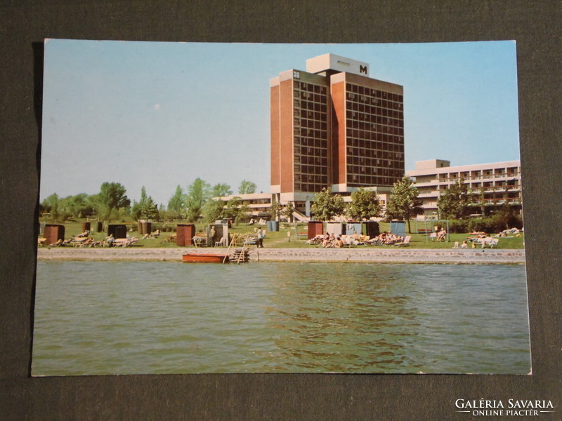 Postcard, Balatonfüred, marina hostel, beach detail, hotel skyline