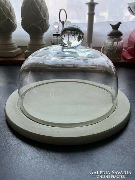Larger glass cheese container, cake container, food container on an olive base