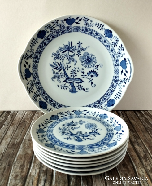 Beautiful 6-person Czech porcelain cake set with blue onion pattern