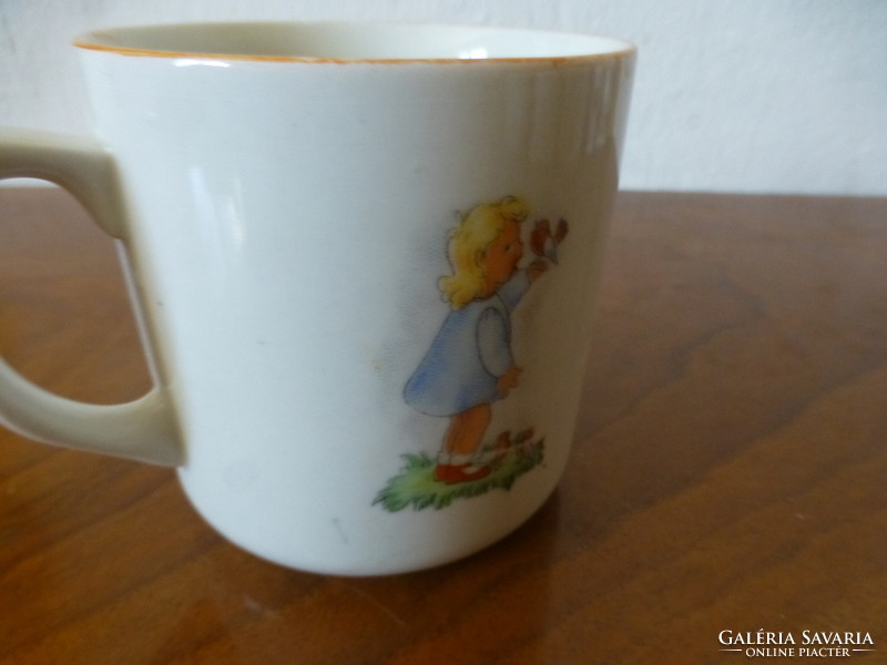 Zsolnay antique story mug. A little girl pushing a teddy bear in a pram and a little girl singing with a bird
