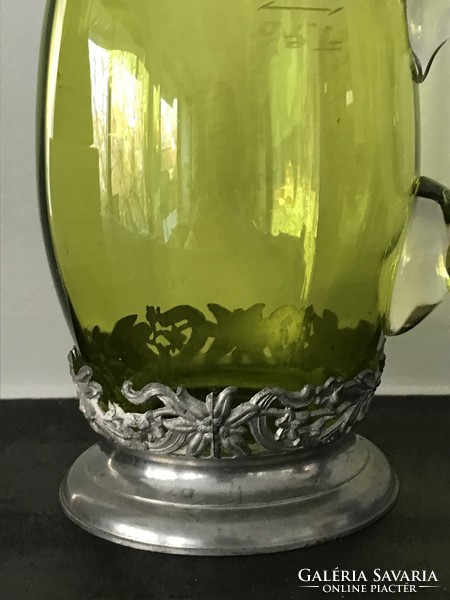 Uranium green glass cup with decorative pewter, 0.5 liter