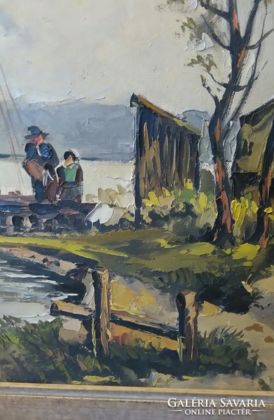 Not to be missed _ Dutch lakeside oil painting in a fabulous picture frame (70 x 50.5)