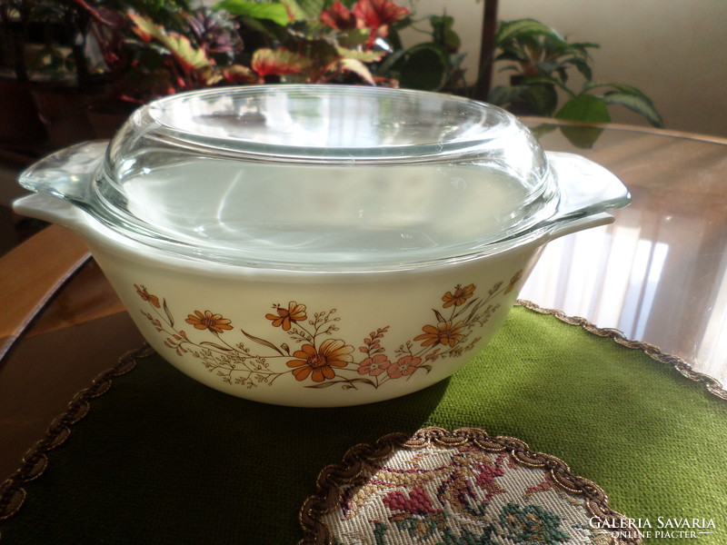 Heat-resistant Jena bowl/lid with a beautiful pattern, milk glass, English pyrex