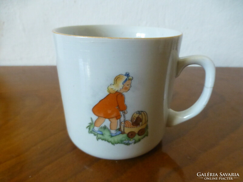 Zsolnay antique story mug. A little girl with a teddy bear in a pram and a little girl with a watering can