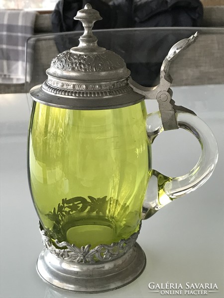 Uranium green glass cup with decorative pewter, 0.5 liter