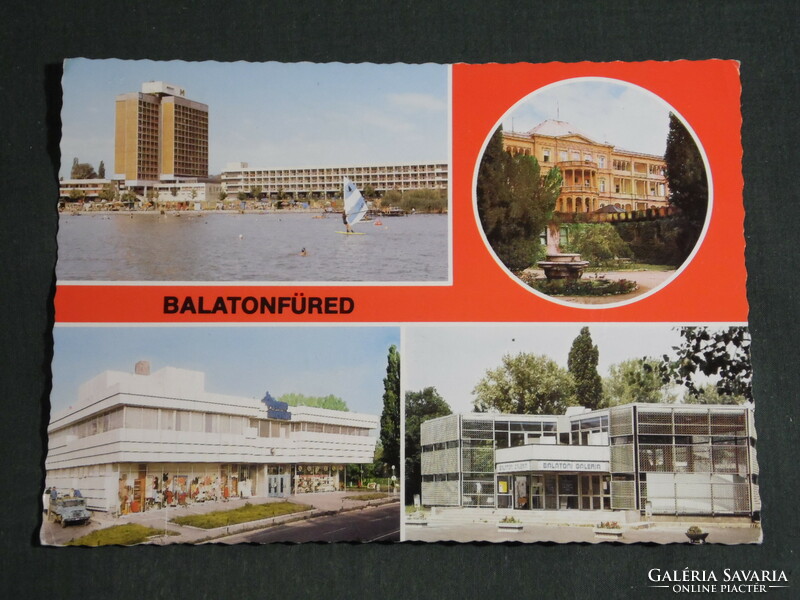 Postcard, Balatonfüred, mosaic details, restaurant, hotel, beach, sanatorium, store, gallery