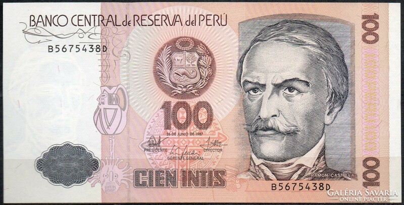 D - 105 - foreign banknotes: 1987 Peru 100 intis unc