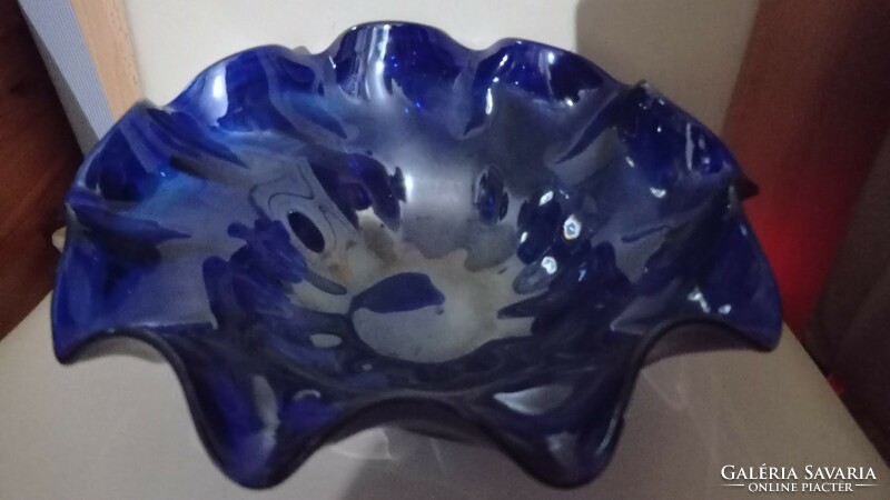Kék üveg tál irizáló hatású régi nagy tányér, kínáló asztalközlép