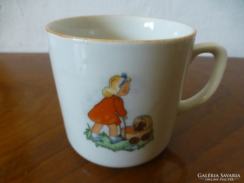 Zsolnay antique story mug. A little girl pushing a teddy bear in a pram and a little girl singing with a bird