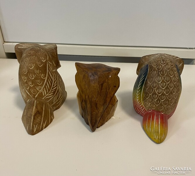 From the owl collection, 3 wooden owl ornaments, small wooden sculptures, decorations, 6 and 7 cm