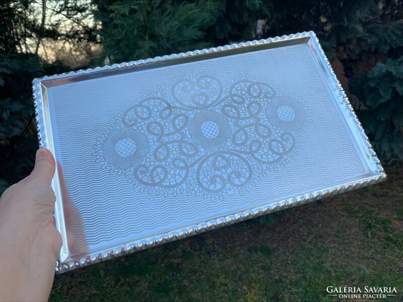 Retro aluminum tray with lace tablecloth pattern, anodized aluminum, 37 x 22 cm.