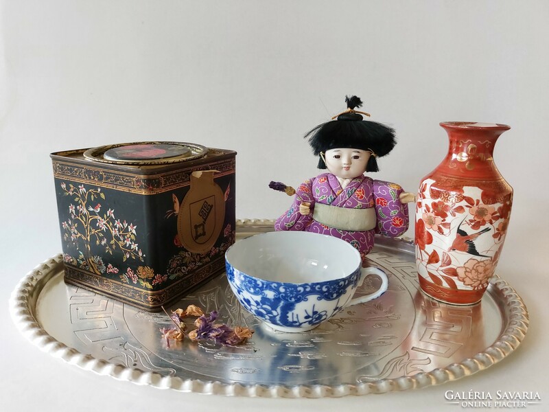 Old Japanese small vase with bird pattern and cherry blossom 13 cm