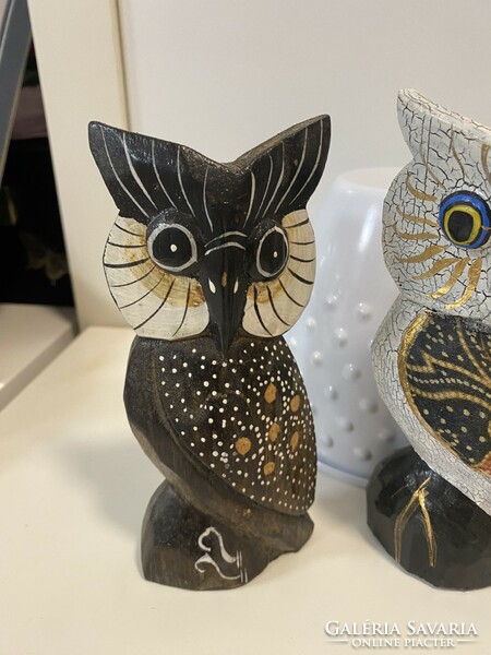 From the owl collection, 3 wooden owl ornaments, decorative objects, 16 cm