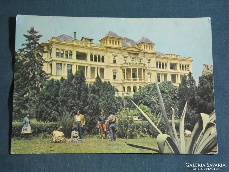 Postcard, Balatonfüred, state heart hospital, castle skyline, park detail with people