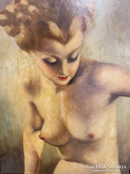 Oil painting depicting a young female half-nude